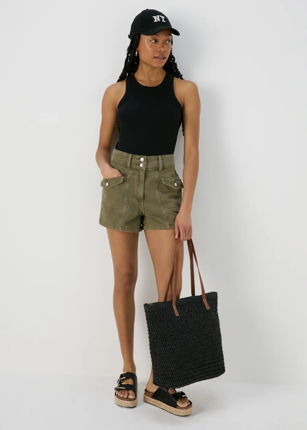Khaki Utility Denim Shorts - 8 Image 4