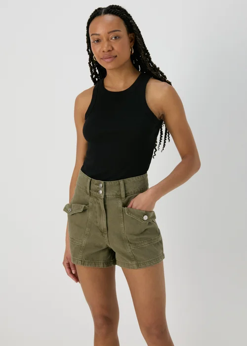 Khaki Utility Denim Shorts - 8 Image 1