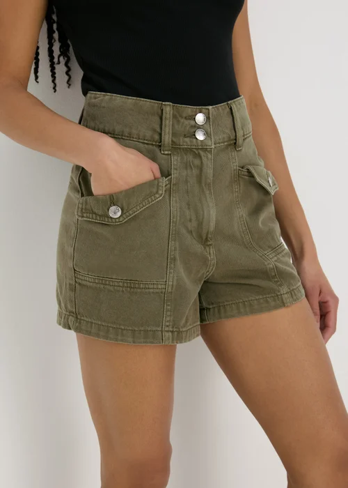 Khaki Utility Denim Shorts - 8 Image 3