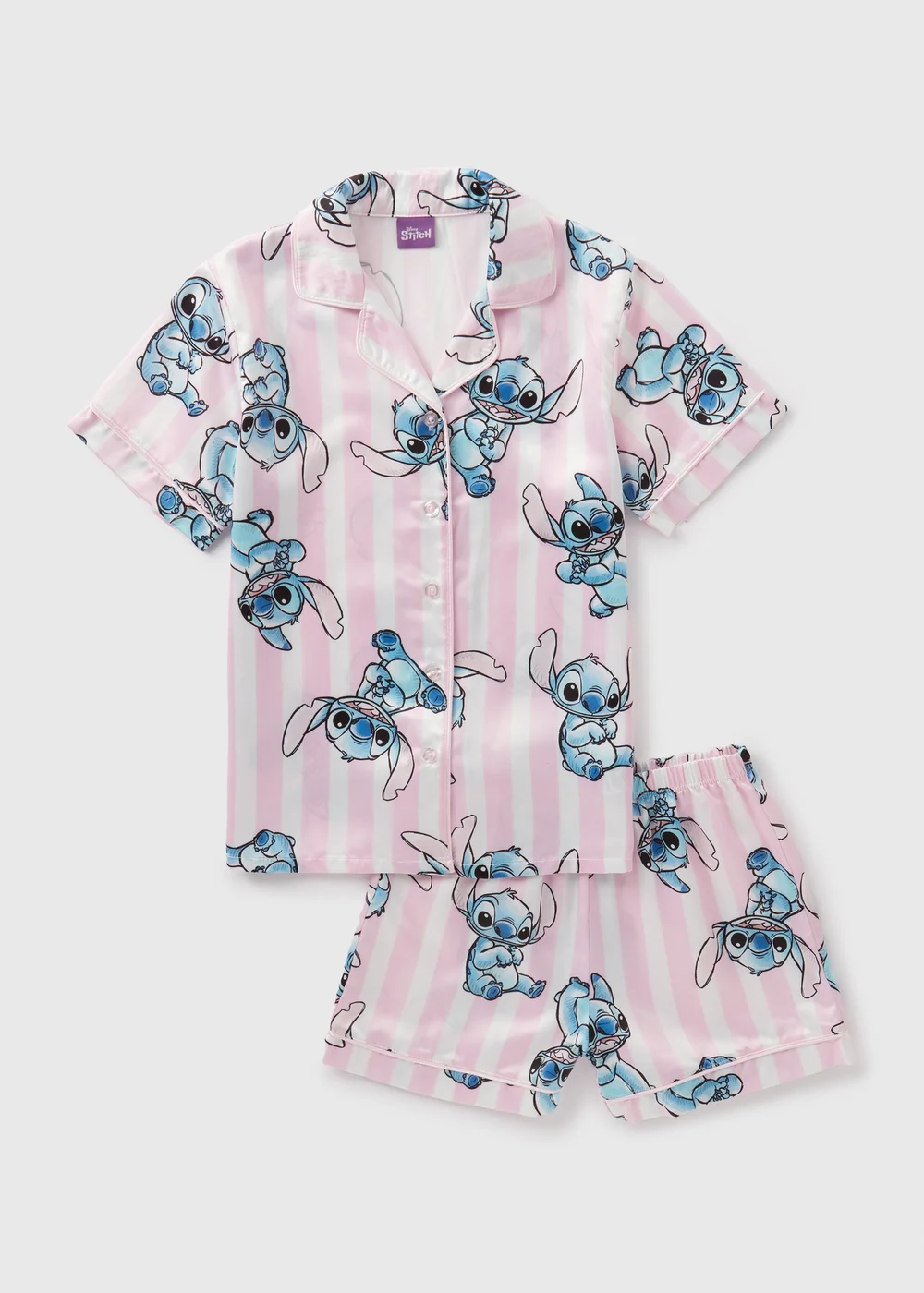 Disney Kids Pink Stitch Satin Pyjama Top & Shorts Set (4-13yrs) - Age 7 Years Image 1