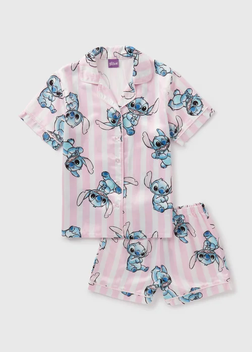 Disney Kids Pink Stitch Satin Pyjama Top & Shorts Set (4-13yrs) - Age 7 Years Image 1