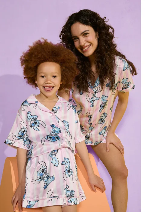 Disney Kids Pink Stitch Satin Pyjama Top & Shorts Set (4-13yrs) - Age 7 Years Image 3