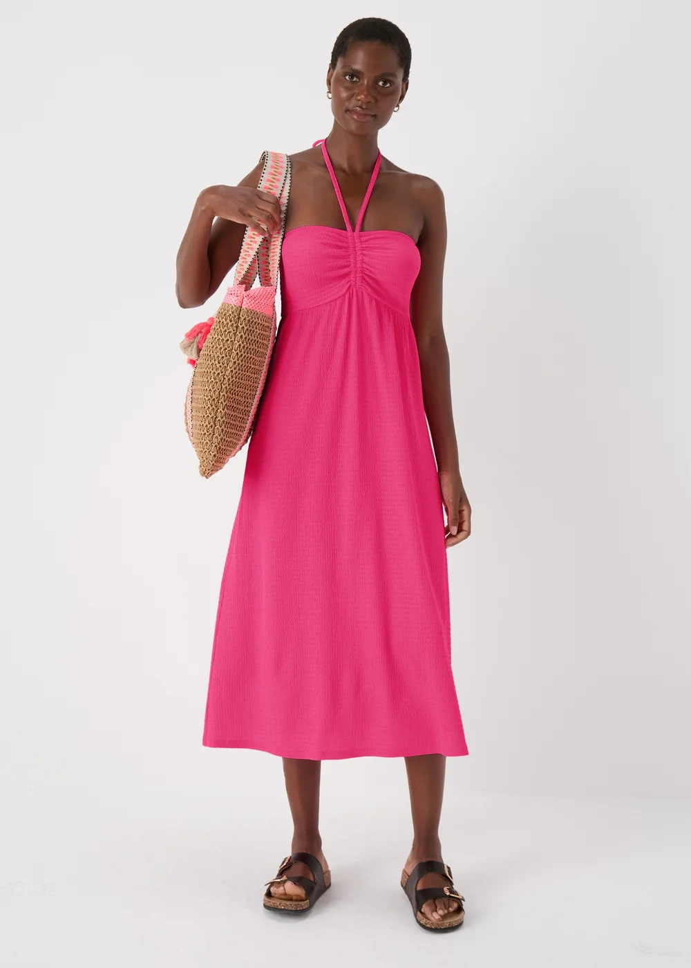 Pink Ruched Crinkle Midi Dress - 8 Image 4