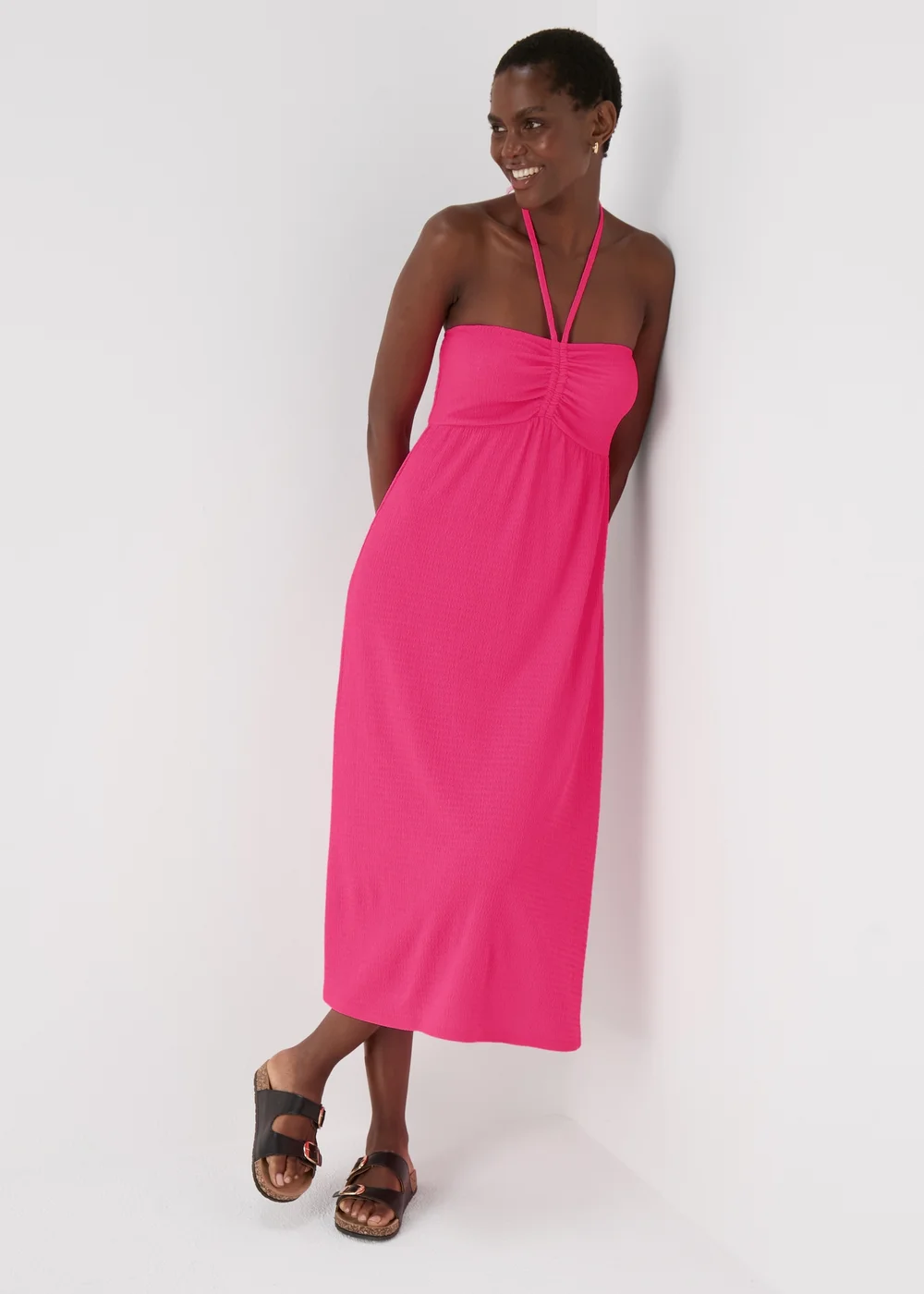 Pink Ruched Crinkle Midi Dress - 8 Image 1