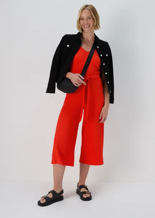 Red V Neck Crinkle Jumpsuit - 8 Image 4