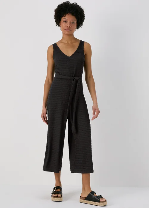 Black V Neck Textured Jumpsuit - 8 Image 1