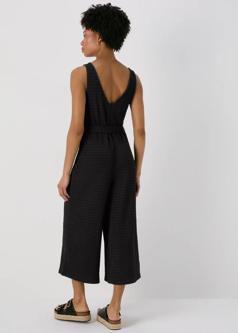 Black V Neck Textured Jumpsuit - 8 Image 2