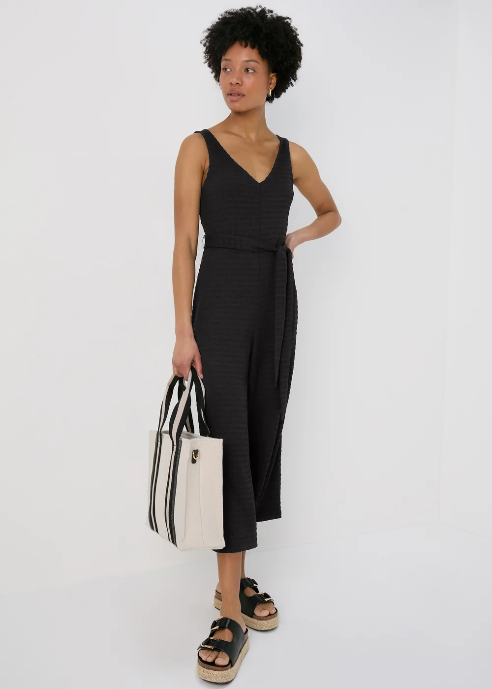 Black V Neck Textured Jumpsuit - 8 Image 4
