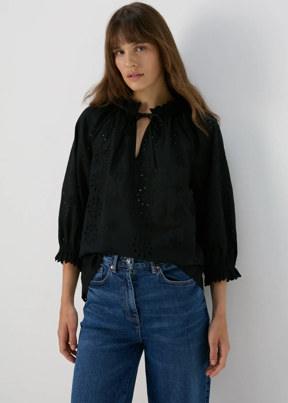 Black Embroidered Tie Front Blouse - Size 8 Image 3
