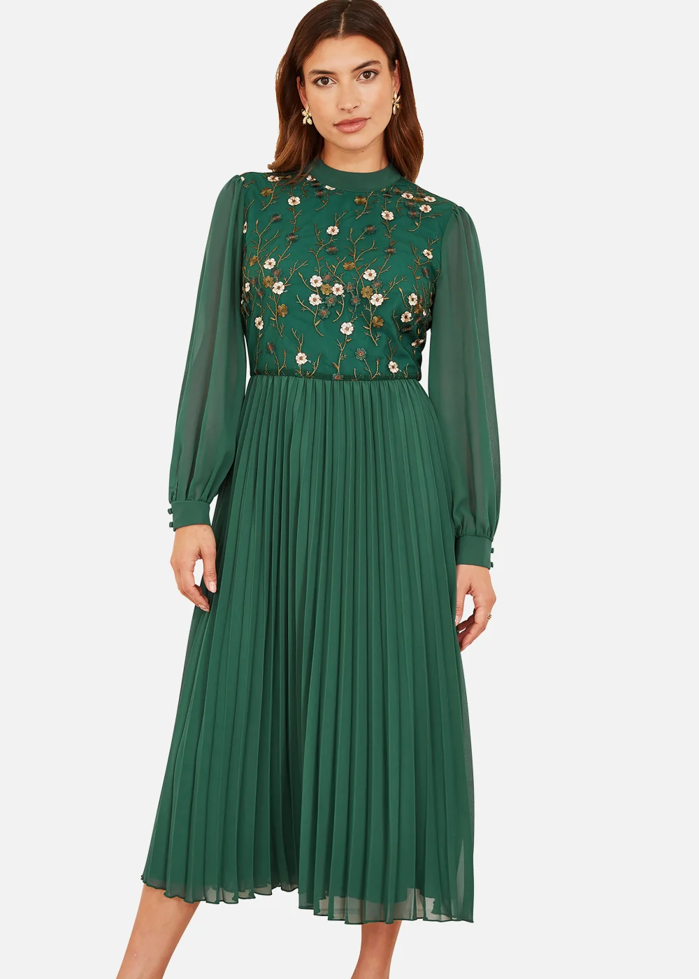 Yumi Embroidered Long Sleeve Pleated Midi Dress In Green - 10 | Matalan Yumi Embroidered Long Sleeve Pleated Midi Dress In Green - 10 | Matalan