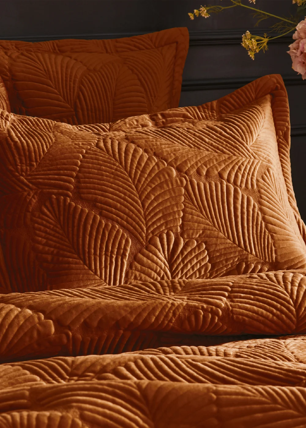 Paoletti Palmeria Quilted Velvet Duvet Cover Set Rust - Single Image 2