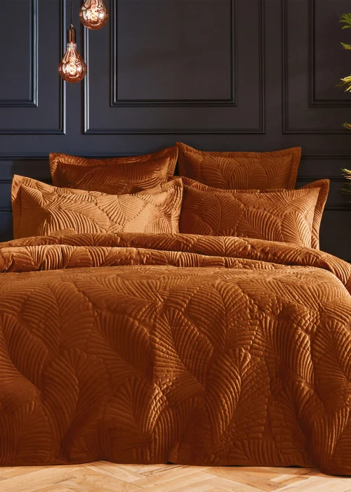Paoletti Palmeria Quilted Velvet Duvet Cover Set Rust - Single Image 1
