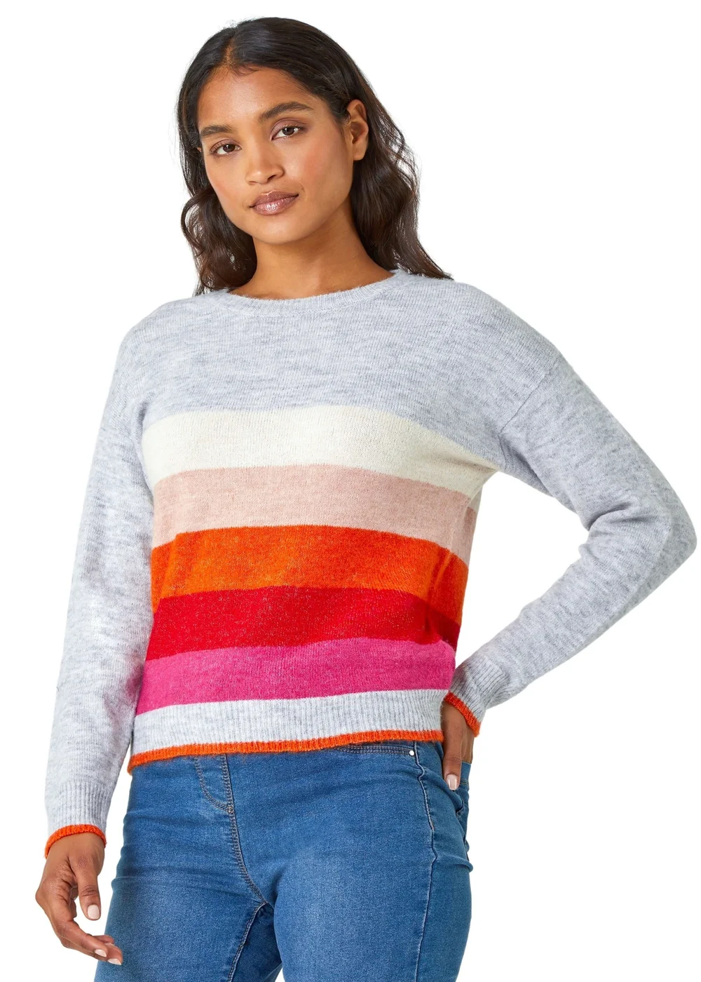 Roman Grey Stripe Print Stretch Knit Jumper - Small Image 1