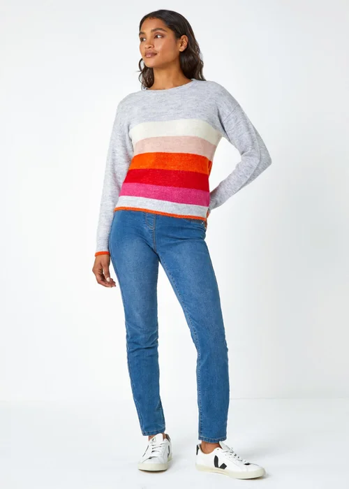 Roman Grey Stripe Print Stretch Knit Jumper - Small Image 2