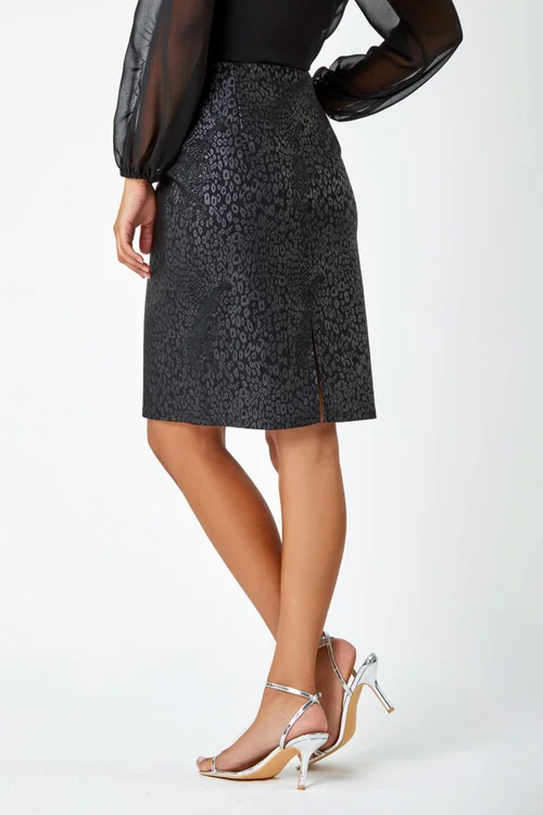 Roman Black Animal Print Elastic Waist Pencil Skirt - Size 10 Image 4