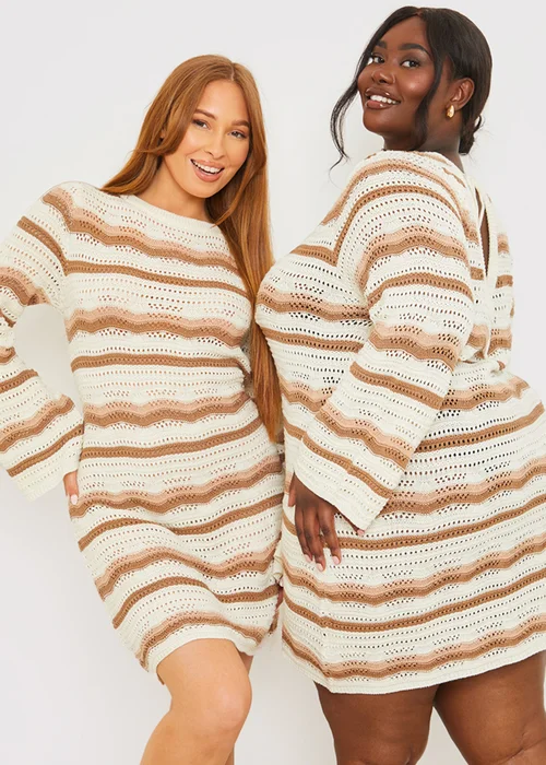 In The Style Stacey Brown Crochet Stripe Mini Dress - 26-28 Image 1