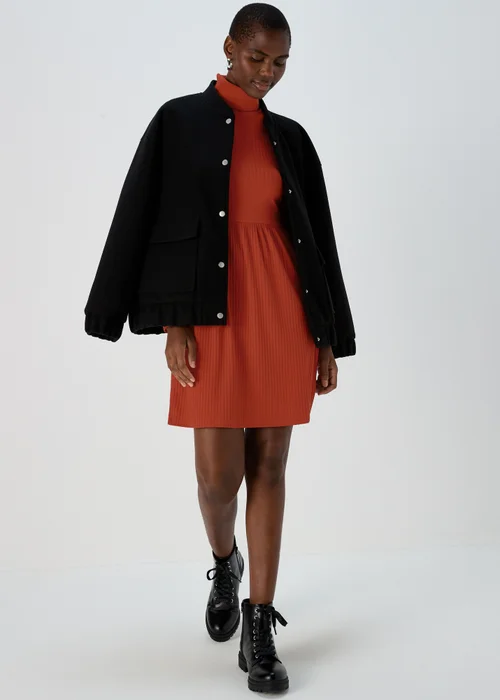 Rust High Neck Ribbed Dress - 8 Image 4