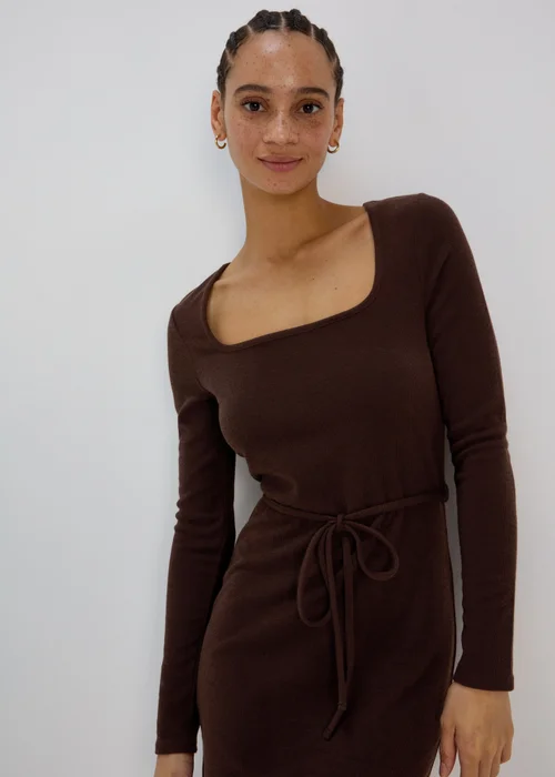 Brown Square Neck Skinny Belt Dress - 8 Image 3