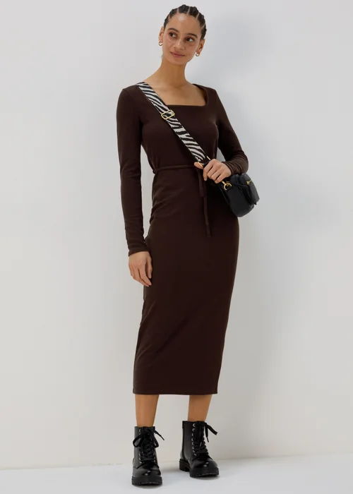 Brown Square Neck Skinny Belt Dress - 8 Image 4