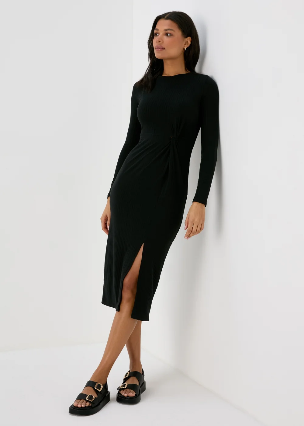 Black Knot Detail Ribbed Midi Dress - 8 Image 3
