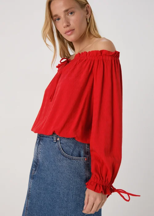 Red Tie Neck Bardot Top - Size 8 Image 3