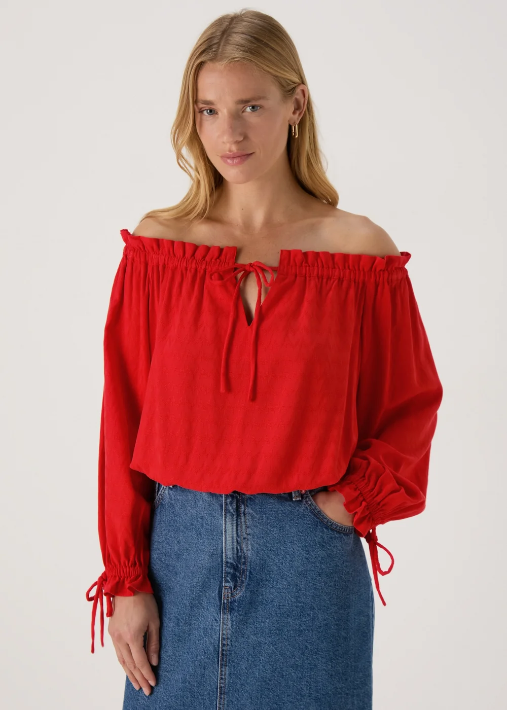 Red Tie Neck Bardot Top - Size 8 Image 1