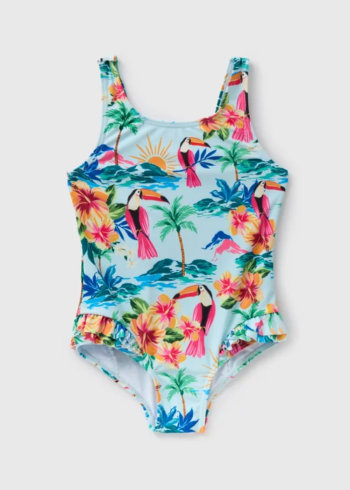 Girls Bright Pink Beach Print Swimsuit (1-7yrs) - 1-1.5 Yrs Image 1