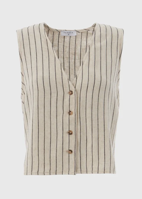 Beige Stripe Linen Button Vest - 8 Image 5
