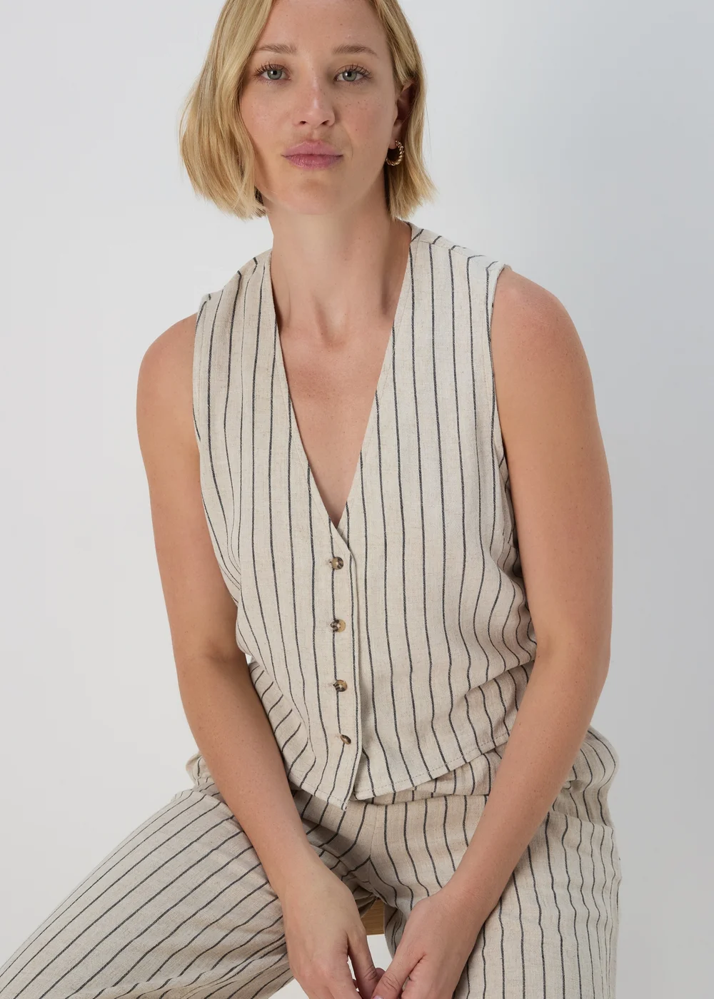 Beige Stripe Linen Button Vest - 8 Image 3