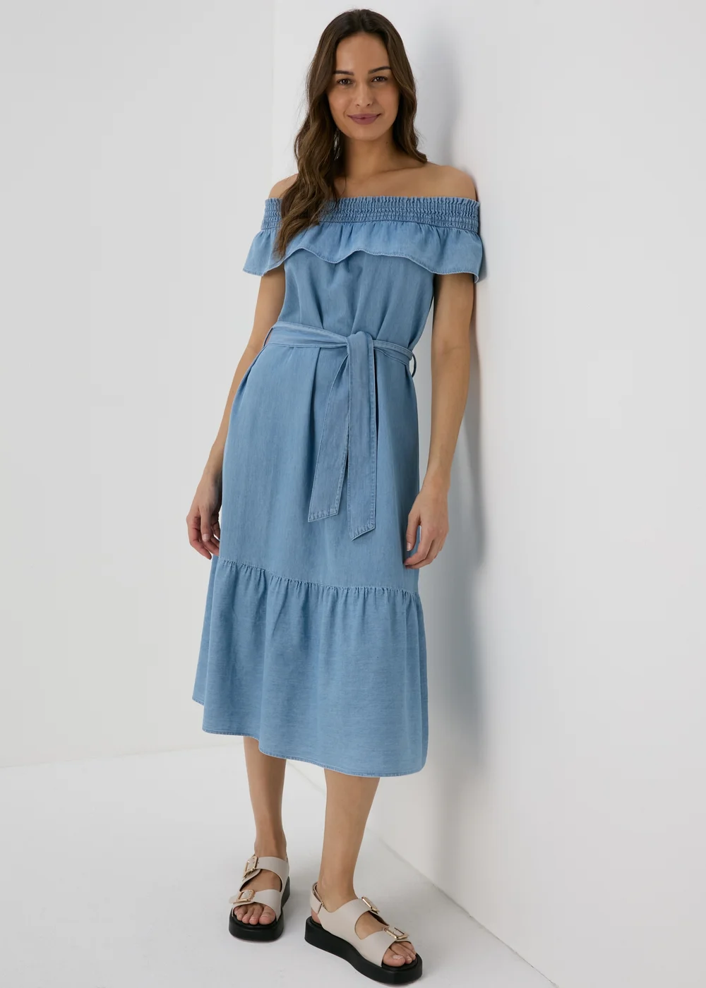 Light Wash Bardot Midi Dress - 8 Image 1