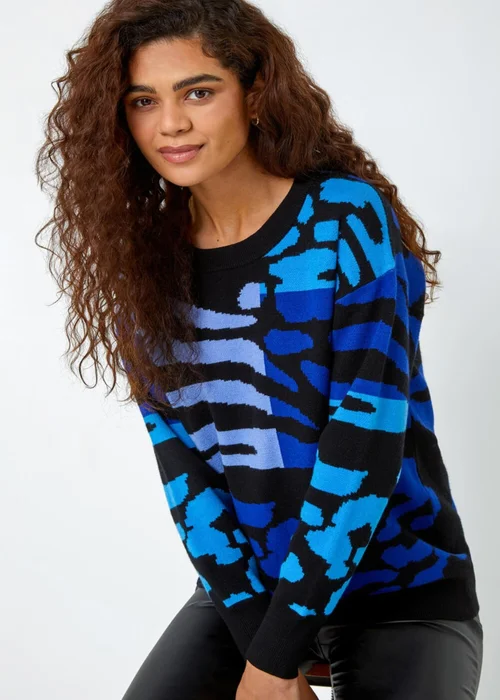 Roman Blue Colour Block Animal Print Jumper - Size 20 Image 2