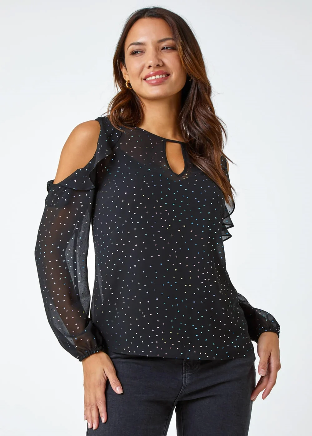 Roman Black Metallic Spot Frill Detail Top - Size 10 Image 2