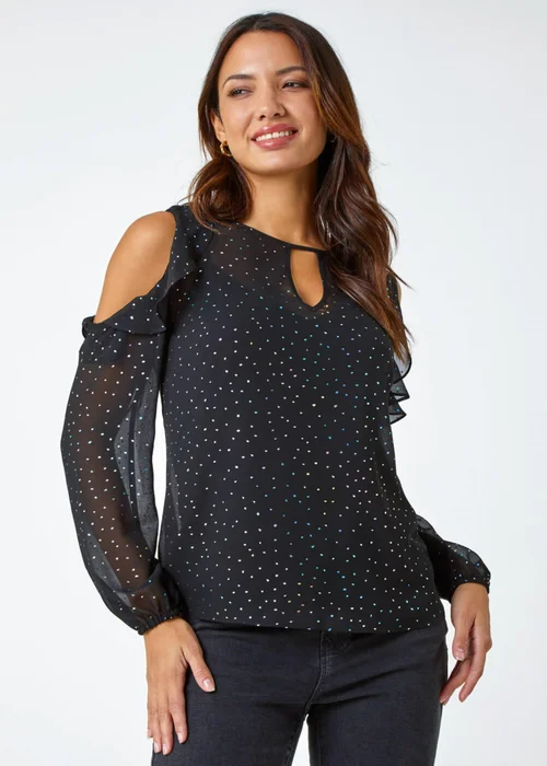 Roman Black Metallic Spot Frill Detail Top - Size 10 Image 2