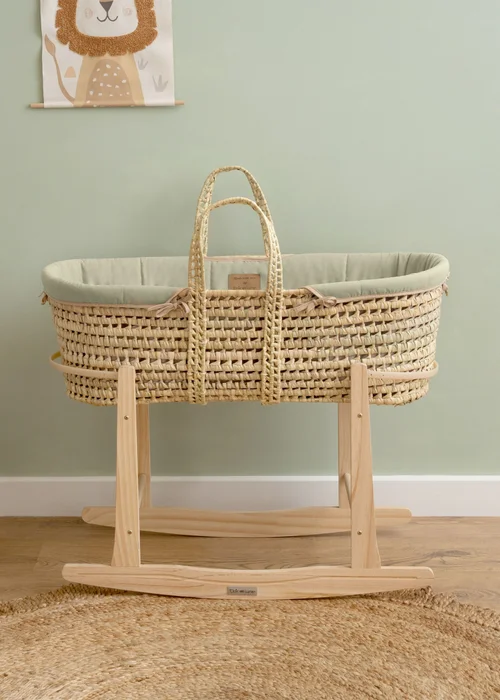 Clair de Lune Sage Organic Palm Moses Basket - With Rocking Stand - Up to 1 Month Image 1
