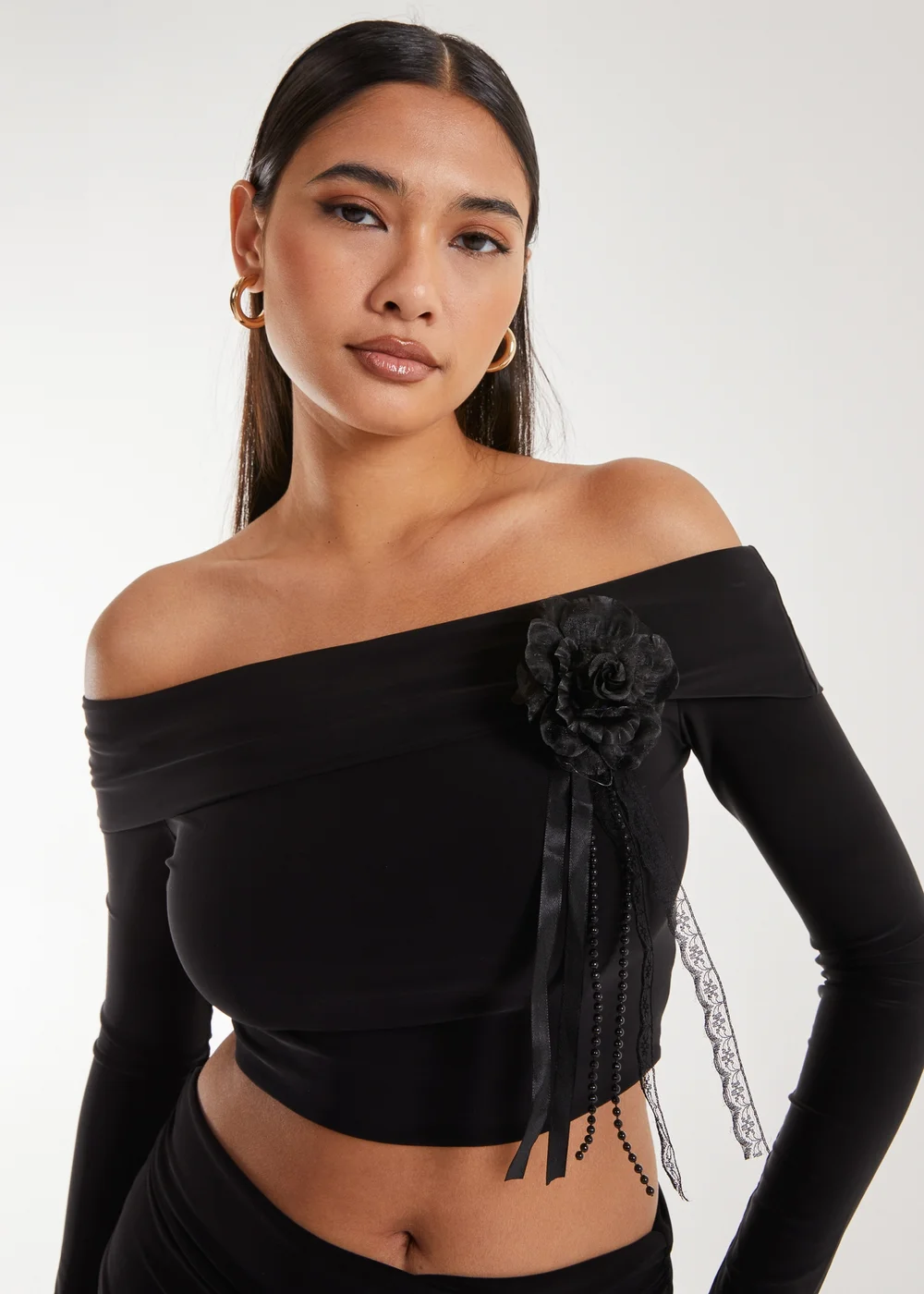 Pink Vanilla Black Corsage Detail Bardot Long Sleeve Top - S Image 2