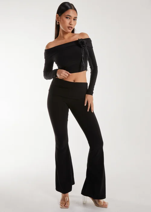 Pink Vanilla Black Corsage Detail Bardot Long Sleeve Top - S Image 3