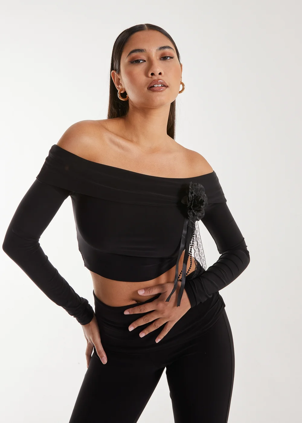 Pink Vanilla Black Corsage Detail Bardot Long Sleeve Top - S Image 1