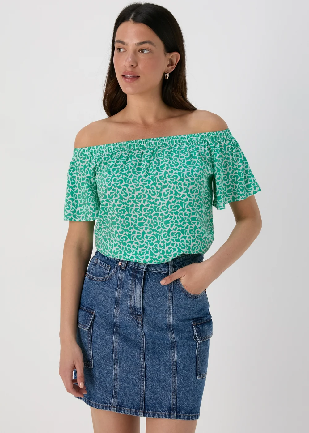 Turquoise Abstract Print Viscose Bardot Top - 8 Image 1