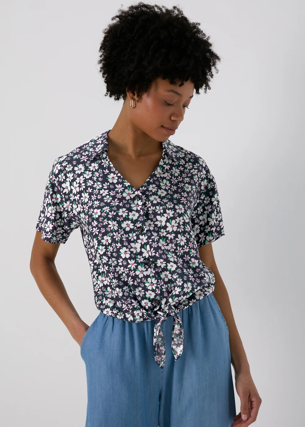 Navy & Blue Ditsy Tie Front Viscose Top - 8 Image 1