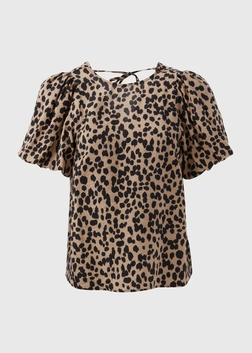 Et Vous Beige Animal Print Puff Sleeve Blouse - Size 8 Image 5