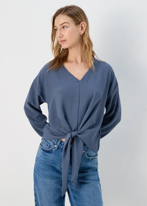 Blue Front Tie V Neck Blouse - 8 Image 1