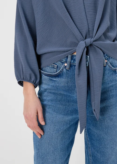 Blue Front Tie V Neck Blouse - 8 Image 3