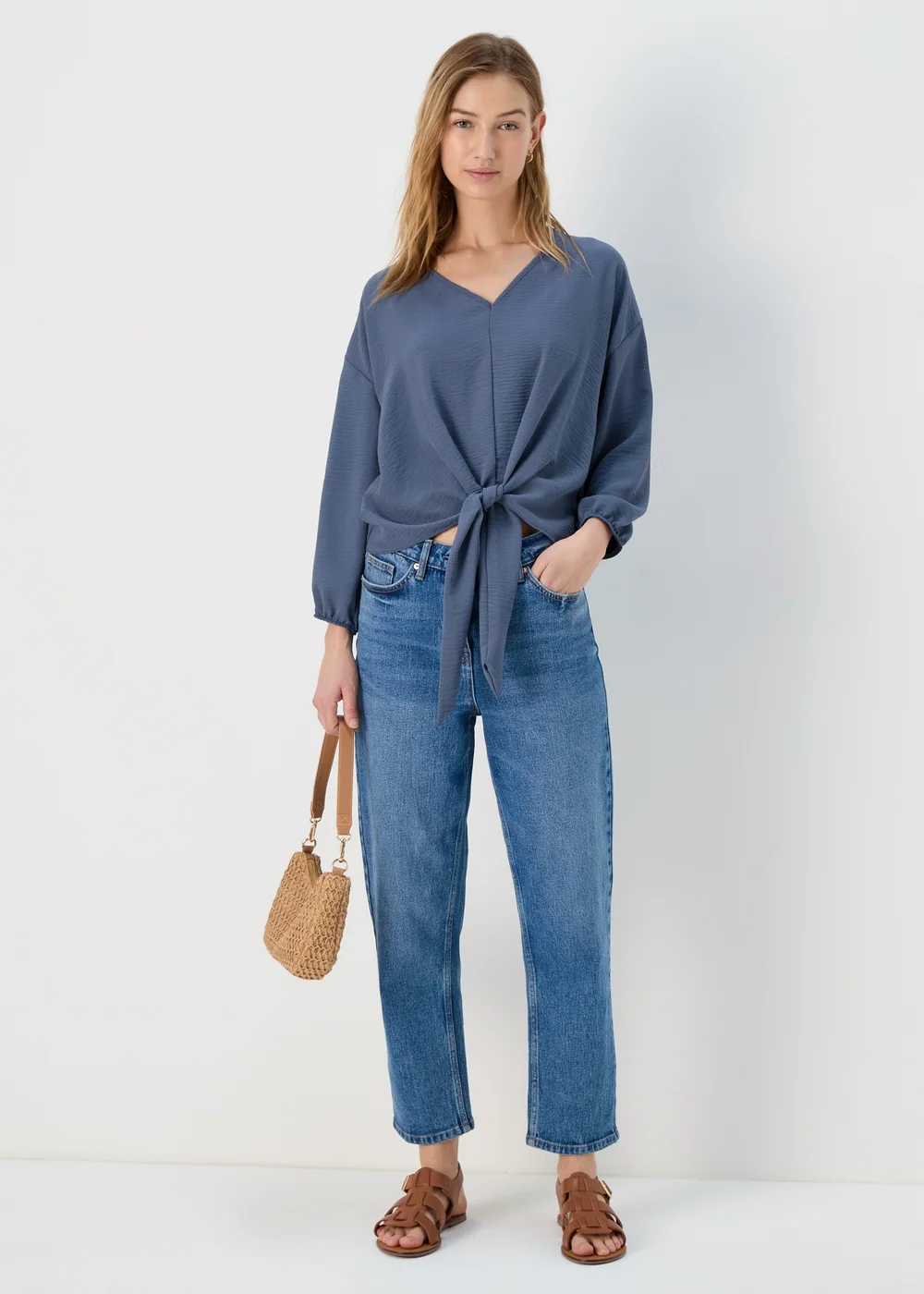 Blue Front Tie V Neck Blouse - 8 Image 4