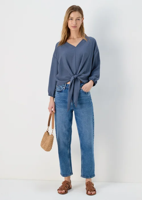 Blue Front Tie V Neck Blouse - 8 Image 4