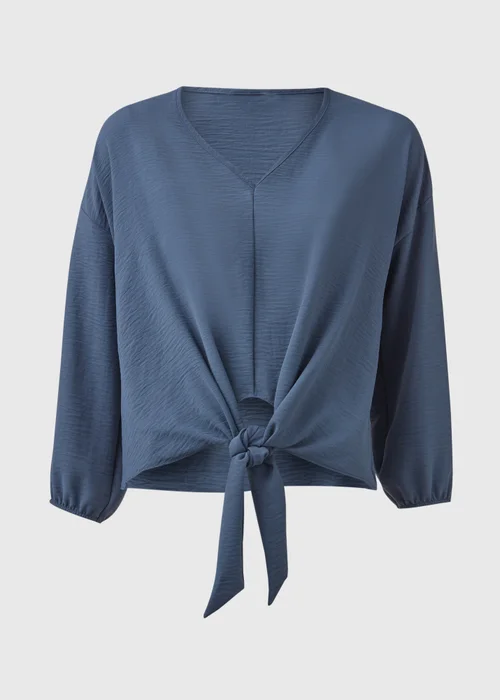 Blue Front Tie V Neck Blouse - 8 Image 5