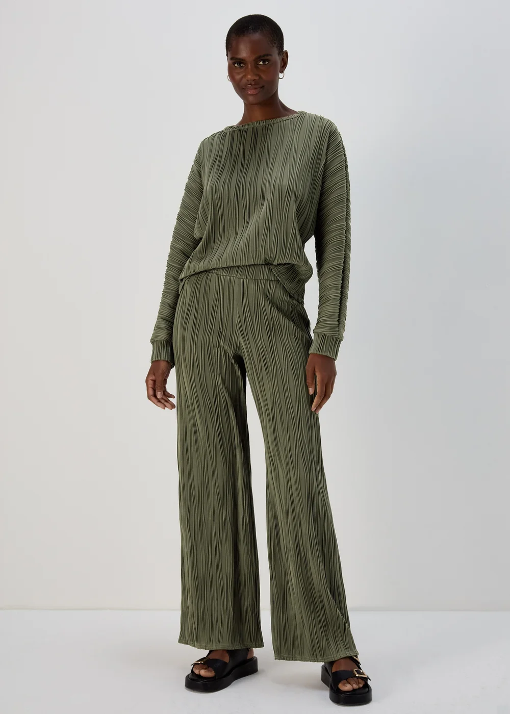 Khaki Wide Leg Textured Trousers - 8 Image 1