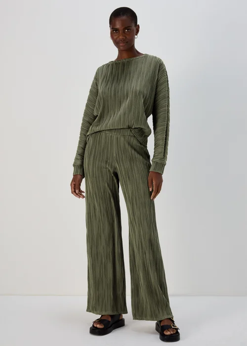 Khaki Wide Leg Textured Trousers - 8 Image 1
