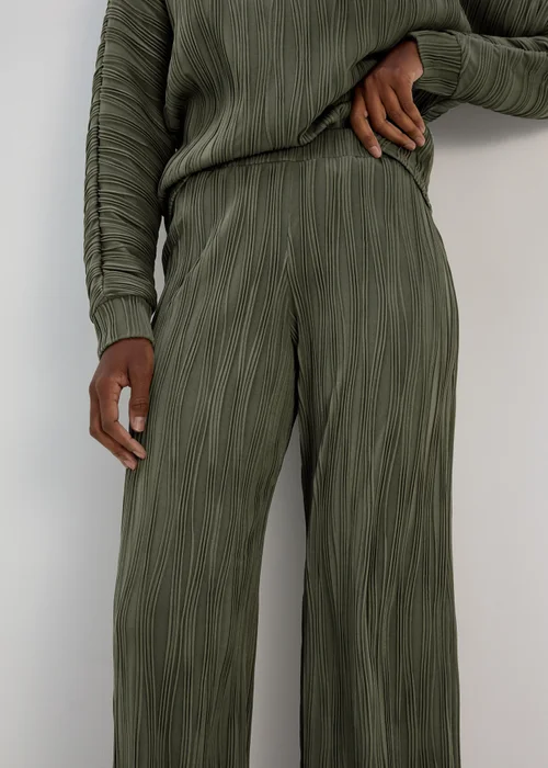 Khaki Wide Leg Textured Trousers - 8 Image 3