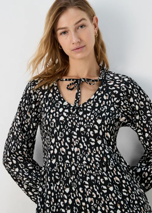 Black Animal Print Neck Tie Midi Dress - 8 Image 3