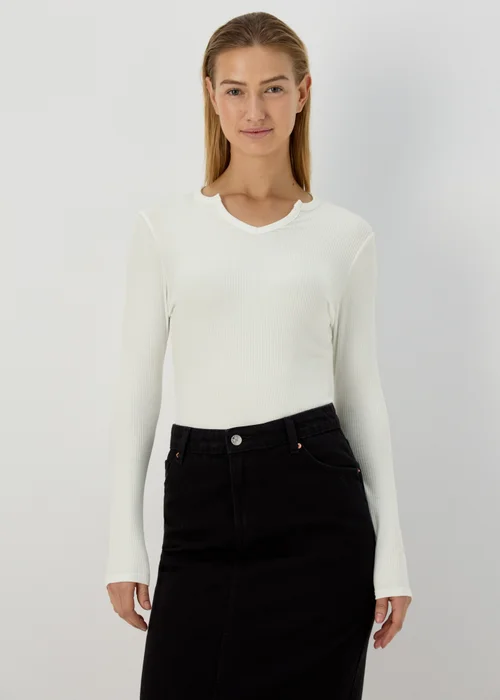 Ivory Rib Notch Neck Long Sleeve Top - Size 8 Image 1